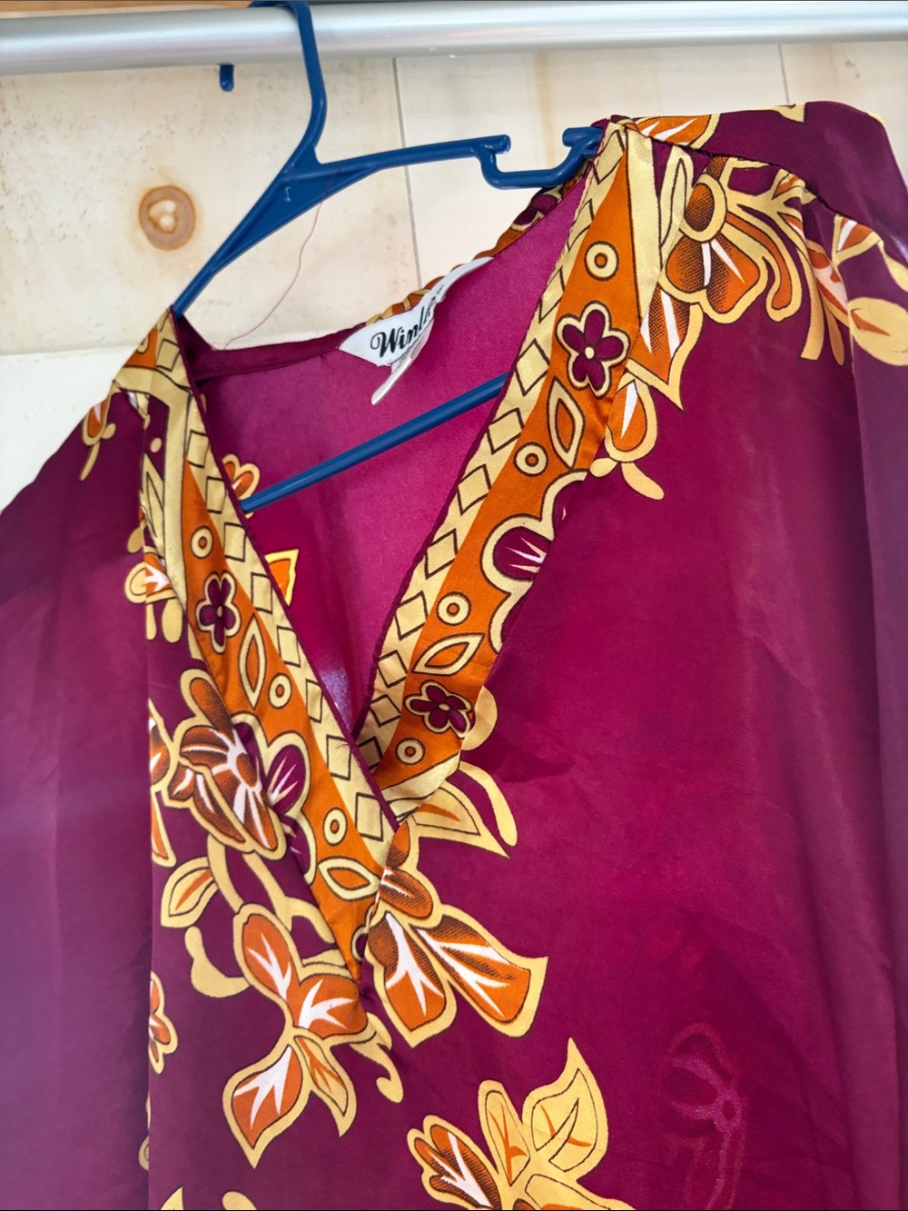 Women's Maxi Caftan Dress in Burgundy with Gold Floral Print - Picture 3 of 7